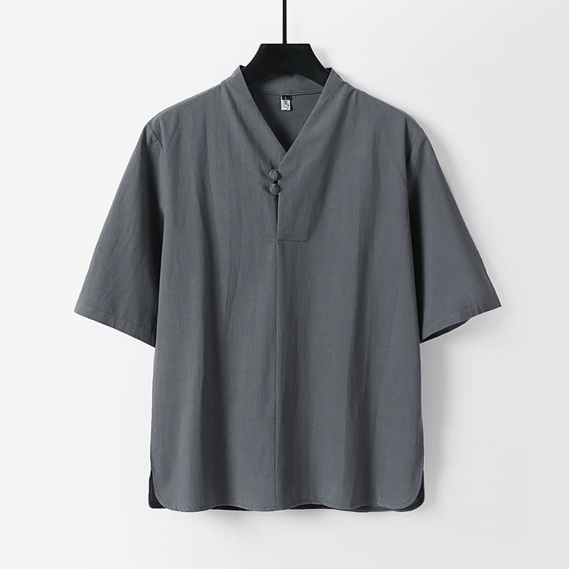 Buddha Stones Casual Plain Color Two Buttons Three Quarter Sleeve Cotton Linen Men's Shirt - Gray - US/UK/AU54，EU64 (9XL) - image 2