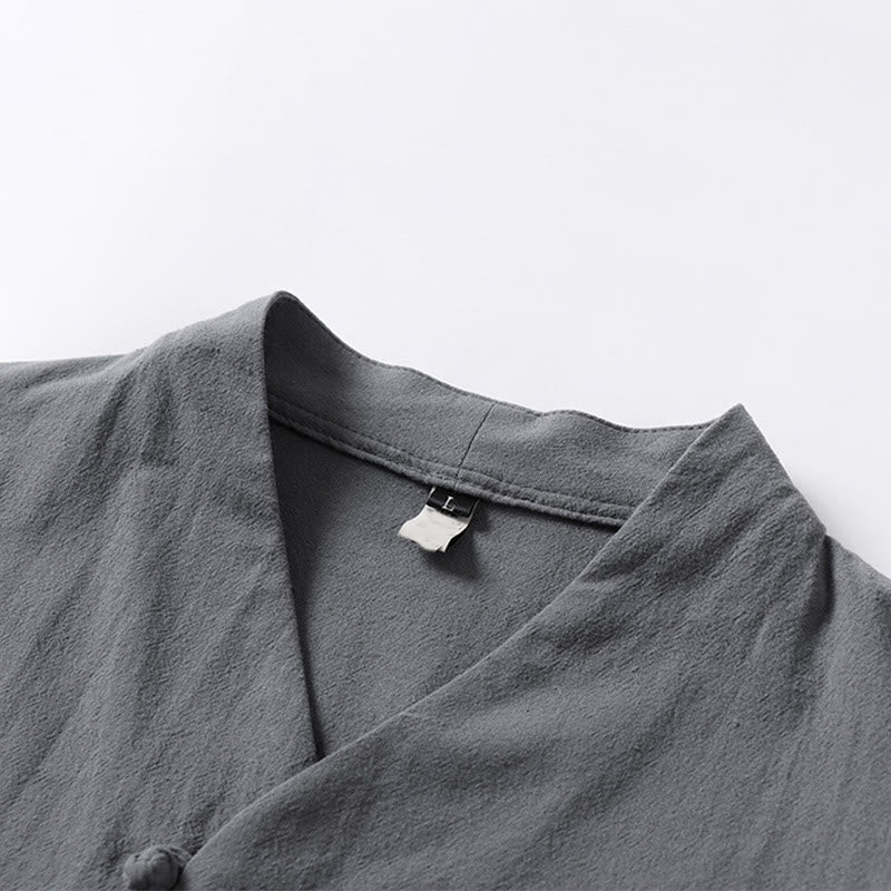 Buddha Stones Casual Plain Color Two Buttons Three Quarter Sleeve Cotton Linen Men's Shirt - image 6