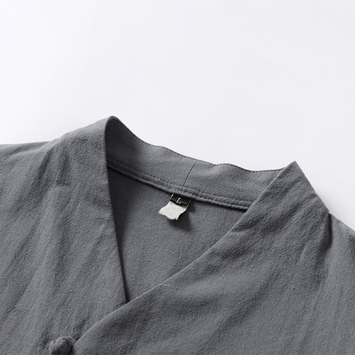 Buddha Stones Casual Plain Color Two Buttons Three Quarter Sleeve Cotton Linen Men's Shirt - image 6