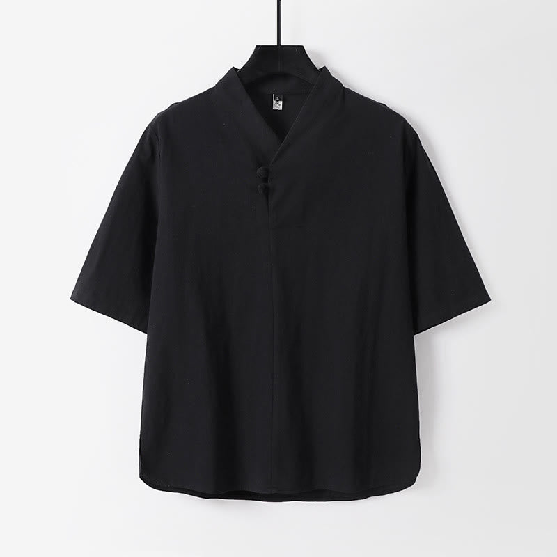 Buddha Stones Casual Plain Color Two Buttons Three Quarter Sleeve Cotton Linen Men's Shirt - Black - US/UK/AU54，EU64 (9XL) - image 4