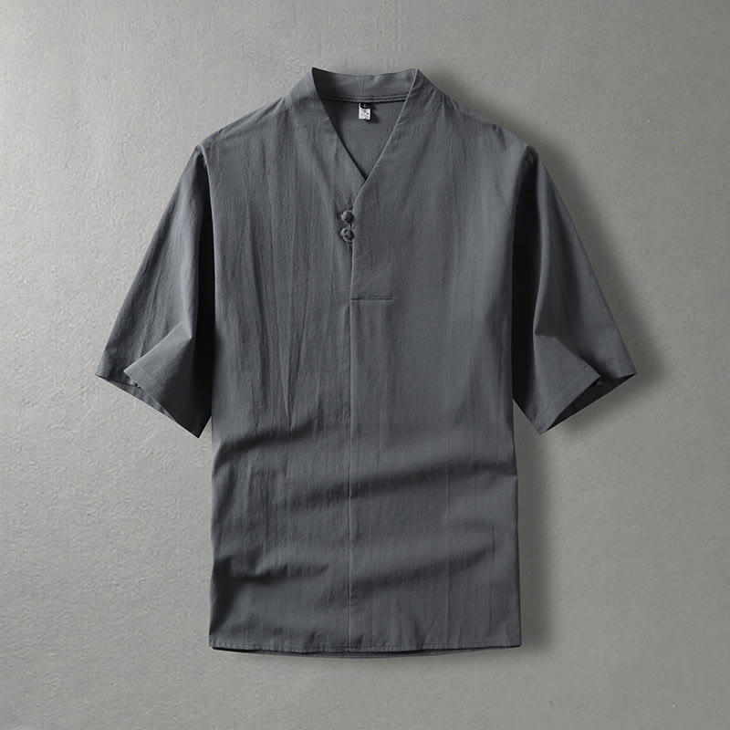 Buddha Stones Casual Plain Color Two Buttons V-neck Three Quarter Sleeve Cotton Men's Shirt - Gray - US/UK/AU54，EU64 (9XL) - image 2