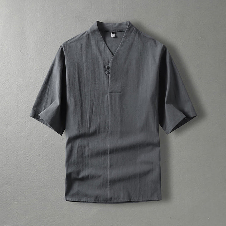 Buddha Stones Casual Plain Color Two Buttons V-neck Three Quarter Sleeve Cotton Men's Shirt - Gray - US/UK/AU54，EU64 (9XL) - image 2