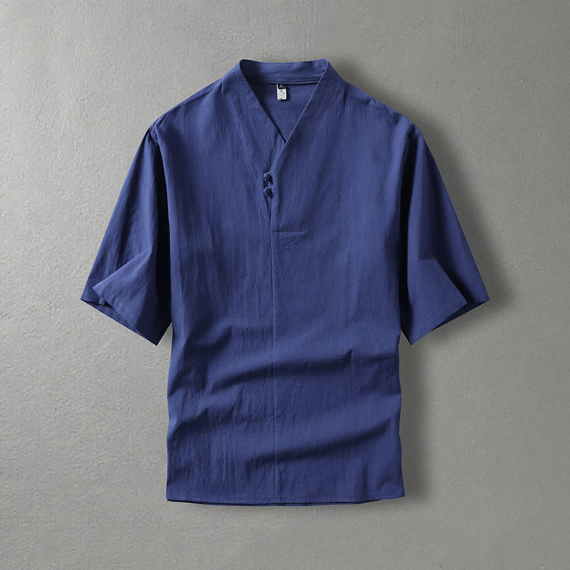 Buddha Stones Casual Plain Color Two Buttons V-neck Three Quarter Sleeve Cotton Men's Shirt - DarkBlue - US/UK/AU54，EU64 (9XL) - image 0