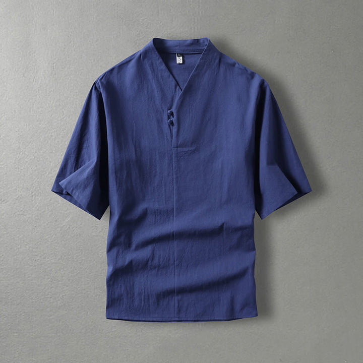 Buddha Stones Casual Plain Color Two Buttons V-neck Three Quarter Sleeve Cotton Men's Shirt - DarkBlue - US/UK/AU54，EU64 (9XL) - image 0