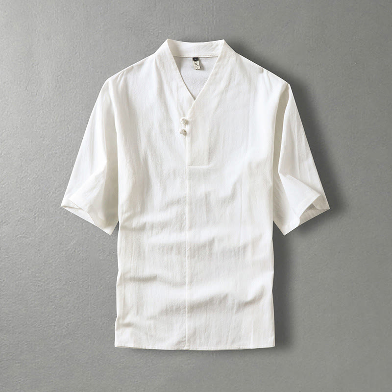 Buddha Stones Casual Plain Color Two Buttons V-neck Three Quarter Sleeve Cotton Men's Shirt - White - US/UK/AU54，EU64 (9XL) - image 1