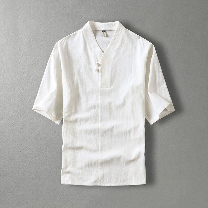 Buddha Stones Casual Plain Color Two Buttons V-neck Three Quarter Sleeve Cotton Men's Shirt - White - US/UK/AU54，EU64 (9XL) - image 1