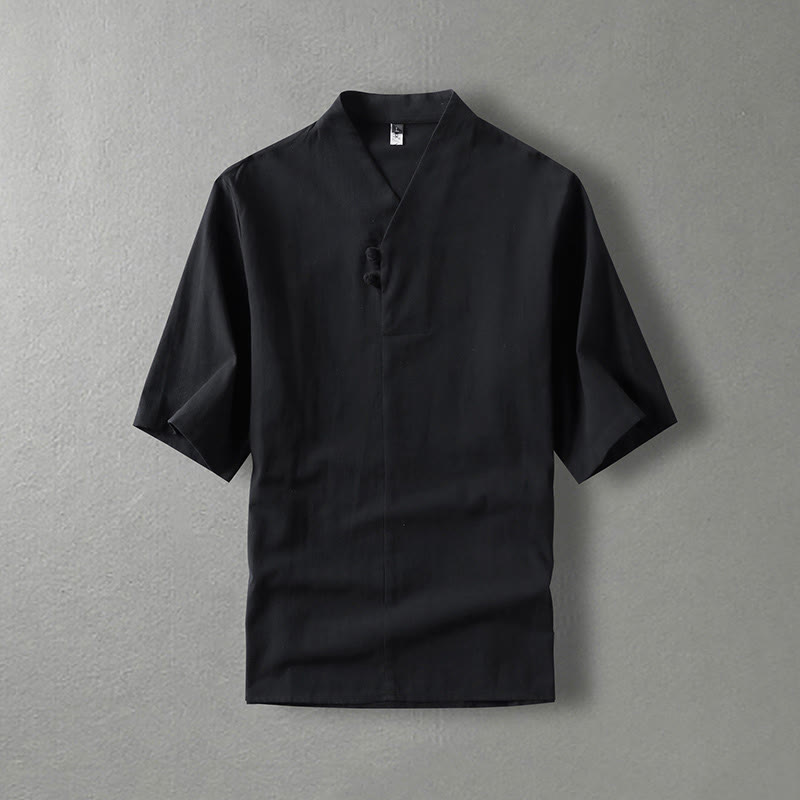Buddha Stones Casual Plain Color Two Buttons V-neck Three Quarter Sleeve Cotton Men's Shirt - Black - US/UK/AU54，EU64 (9XL) - image 4