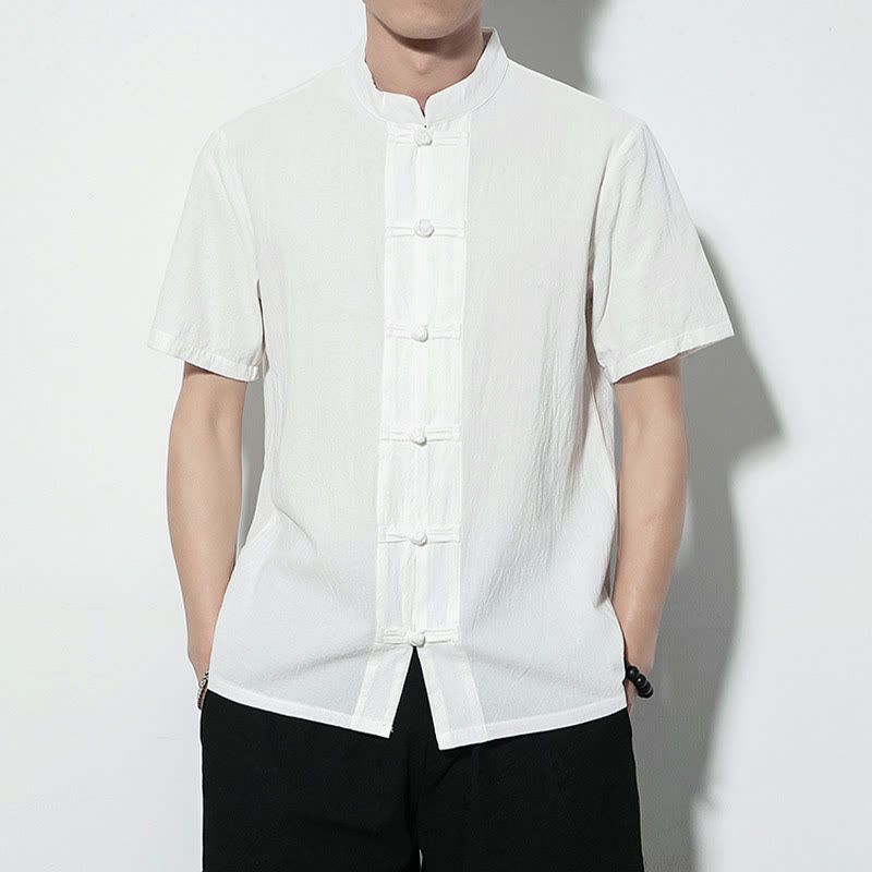 Buddha Stones Casual Solid Color Front Frog Buttons Chinese Tang Suit Short Sleeve Linen Men's Shirt - White - US/UK/AU46，EU56 (5XL) - image 9