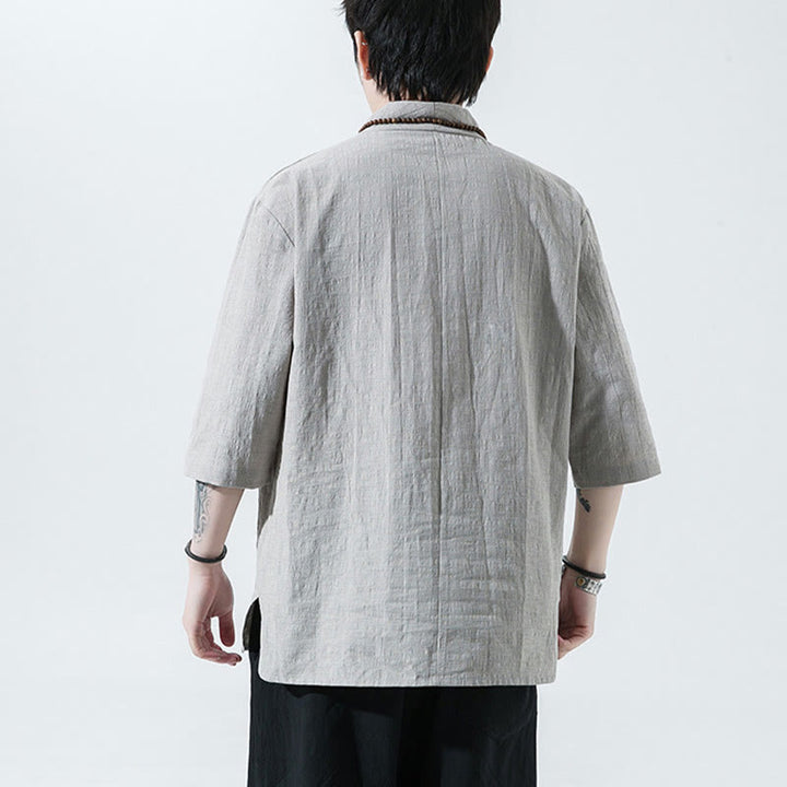 Buddha Stones Casual Solid Color Two Buttons V-neck Three Quarter Sleeve Cotton Linen Men's Shirt - image 4