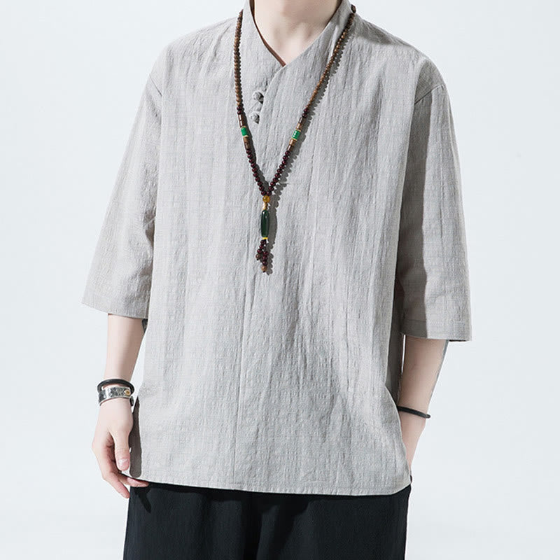 Buddha Stones Casual Solid Color Two Buttons V-neck Three Quarter Sleeve Cotton Linen Men's Shirt - LightGrey - US/UK/AU46，EU56 (5XL) - image 0