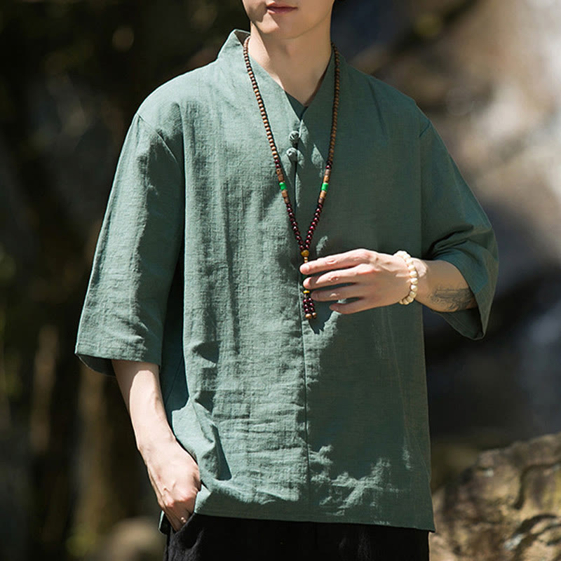 Buddha Stones Casual Solid Color Two Buttons V-neck Three Quarter Sleeve Cotton Linen Men's Shirt - image 17