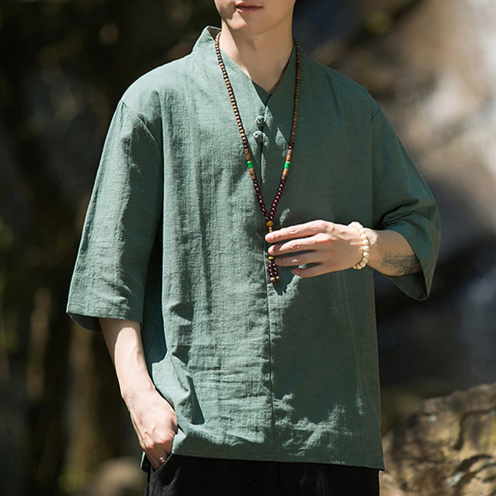 Buddha Stones Casual Solid Color Two Buttons V-neck Three Quarter Sleeve Cotton Linen Men's Shirt - image 17
