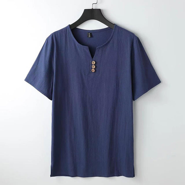Buddha Stones Solid Color V-neck Three Top Buttons Short Sleeve Cotton linen Men's Shirt - DarkBlue - US/UK/AU44，EU54 (5XL) - image 8