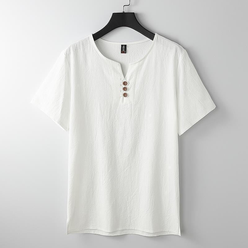 Buddha Stones Solid Color V-neck Three Top Buttons Short Sleeve Cotton linen Men's Shirt - White - US/UK/AU44，EU54 (5XL) - image 1