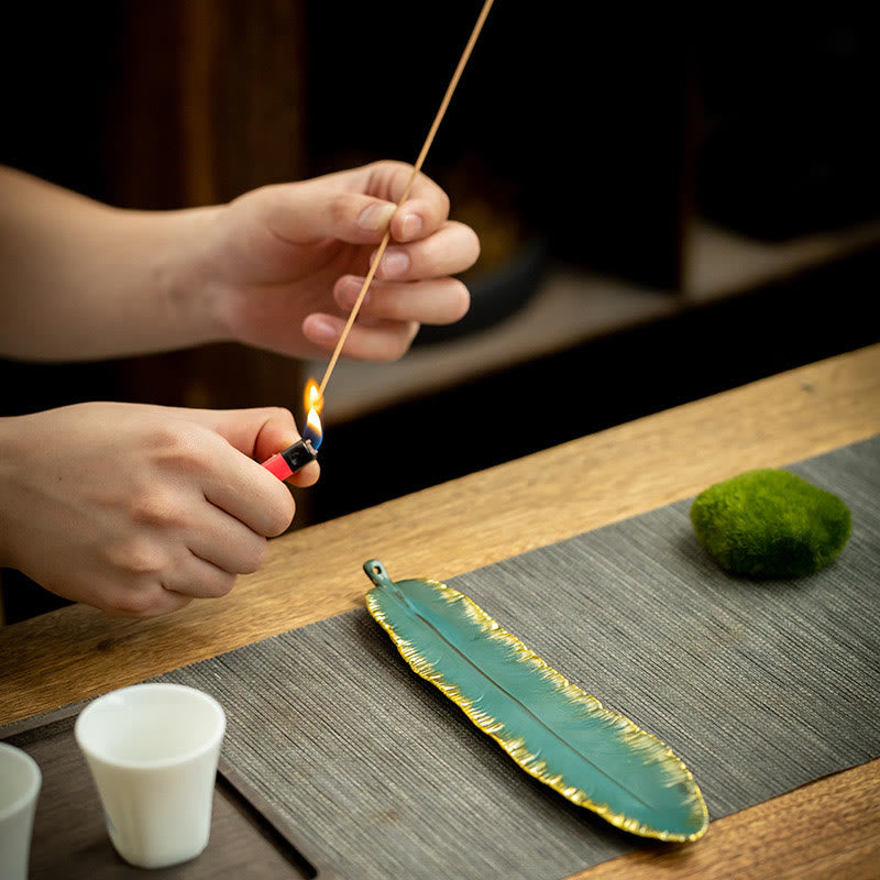 Buddha Stones Green Feather Gold Edge Healing Ceramic Incense Burner Decoration - image 2
