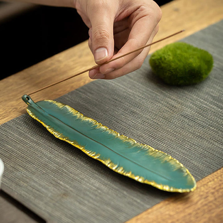 Buddha Stones Green Feather Gold Edge Healing Ceramic Incense Burner Decoration - image 3