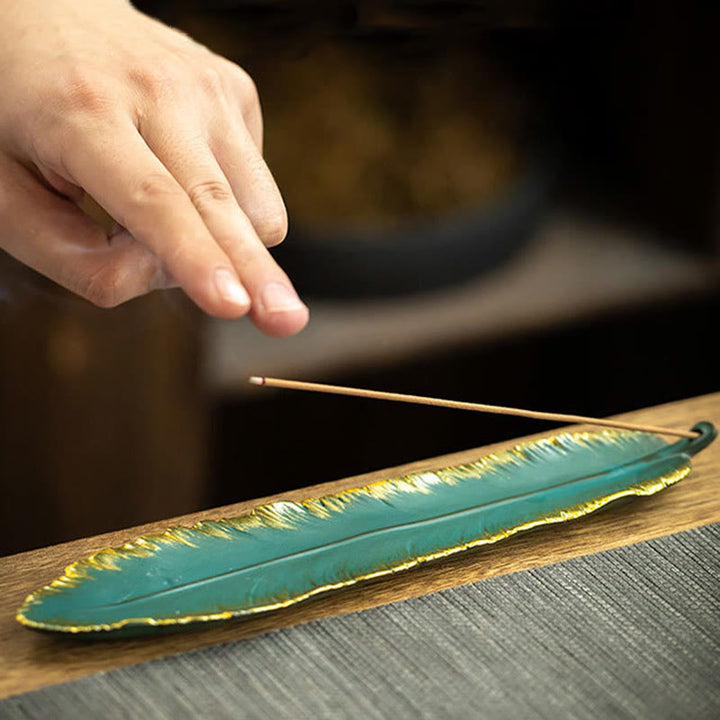 Buddha Stones Green Feather Gold Edge Healing Ceramic Incense Burner Decoration - image 4