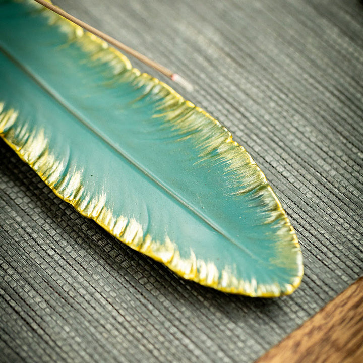 Buddha Stones Green Feather Gold Edge Healing Ceramic Incense Burner Decoration - image 11