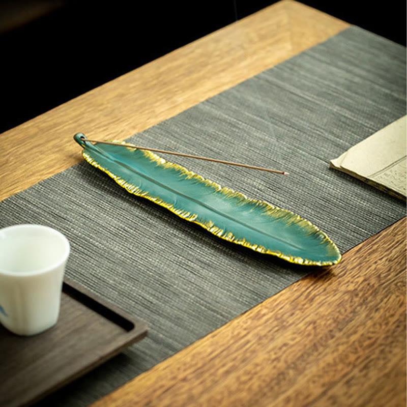 Buddha Stones Green Feather Gold Edge Healing Ceramic Incense Burner Decoration - image 1