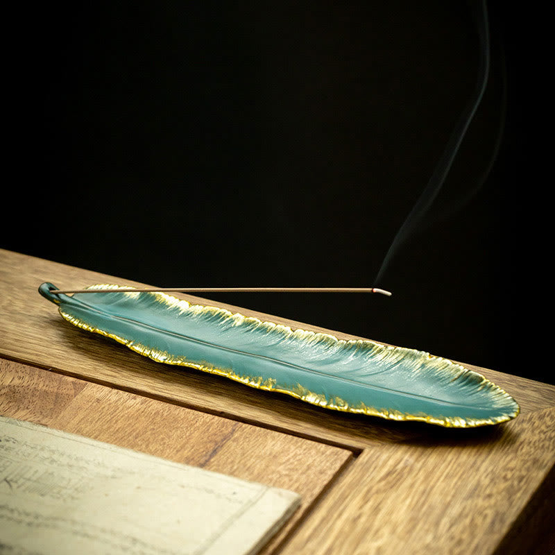 Buddha Stones Green Feather Gold Edge Healing Ceramic Incense Burner Decoration - Green Feather Gold Edge 22.6*5*1.2cm - image 0