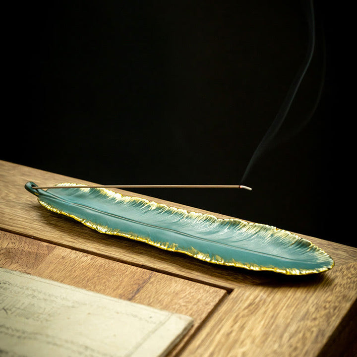 Buddha Stones Green Feather Gold Edge Healing Ceramic Incense Burner Decoration - Green Feather Gold Edge 22.6*5*1.2cm - image 0