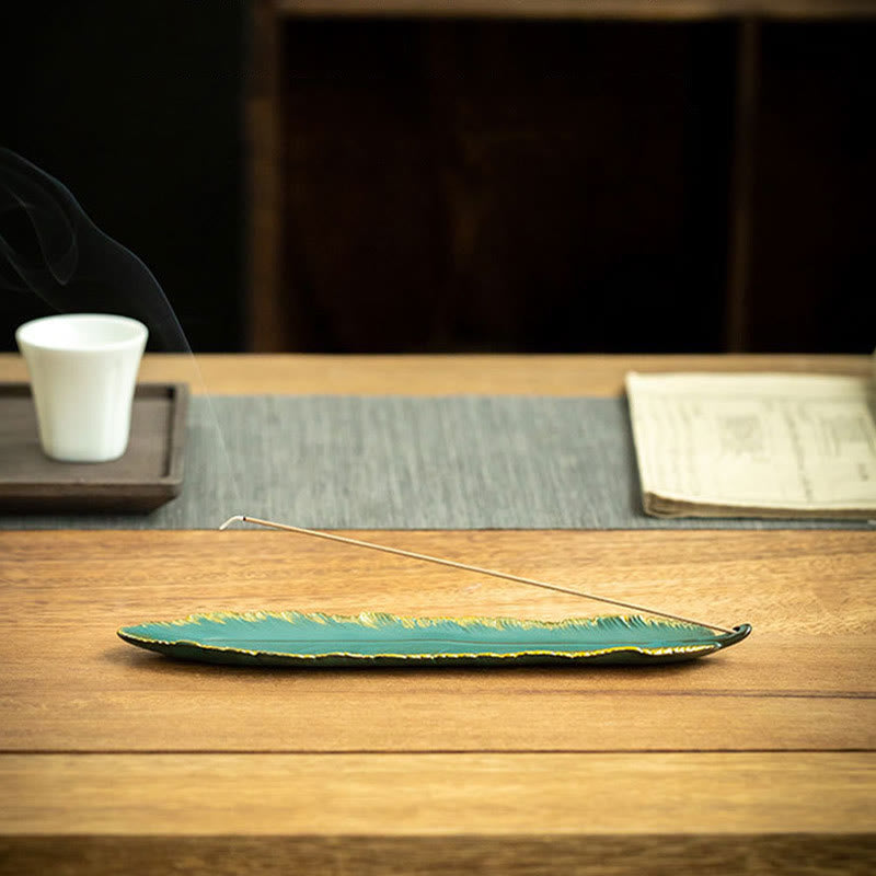 Buddha Stones Green Feather Gold Edge Healing Ceramic Incense Burner Decoration - image 7