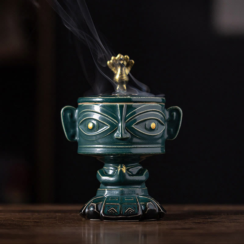Buddha Stones Sanxingdui Healing Ceramic Incense Burner Desk Decoration - Green Sanxingdui 11.2*8.7*15.4cm - image 18
