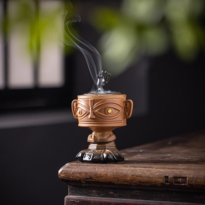 Buddha Stones Sanxingdui Healing Ceramic Incense Burner Desk Decoration - Yellow Sanxingdui 11.2*8.7*15.4cm - image 0