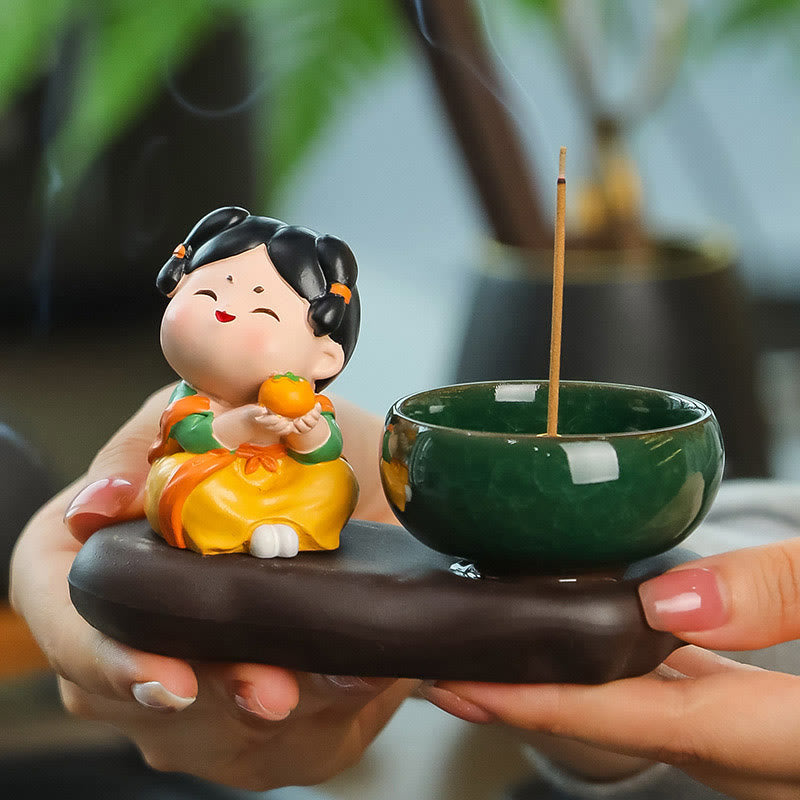 Buddha Stones Tang Dynasty Lady Food Healing Ceramic Incense Burner Desk Decoration - Tang Dynasty Lady Orange 9*12.5*5.5cm - image 0