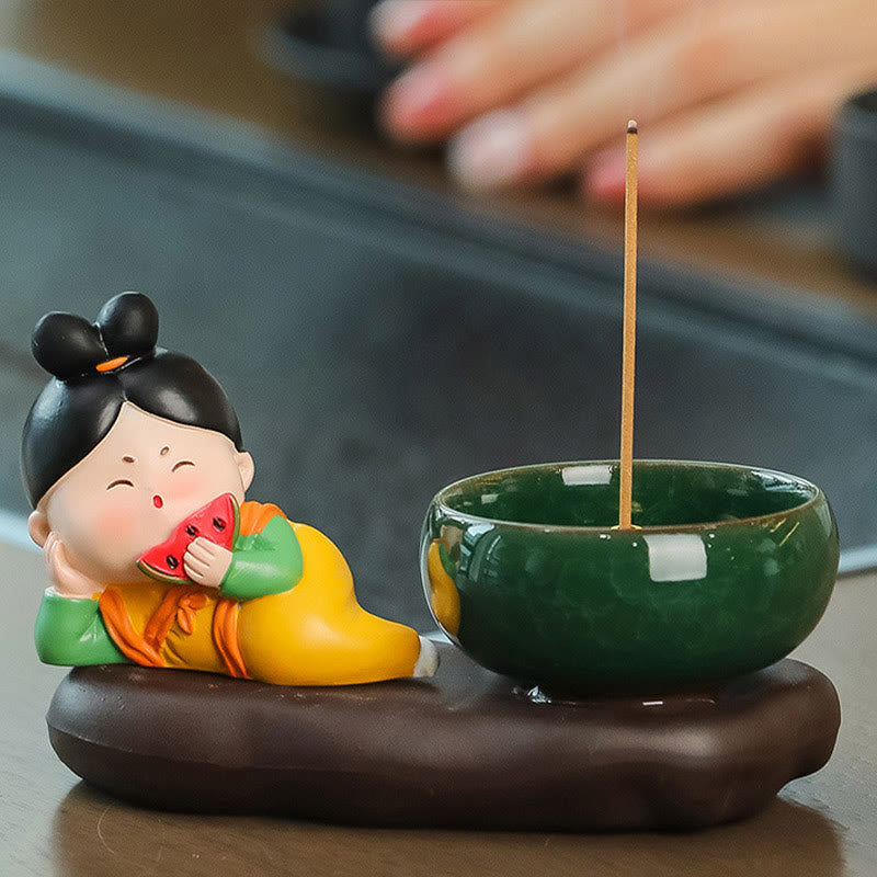 Buddha Stones Tang Dynasty Lady Food Healing Ceramic Incense Burner Desk Decoration - Tang Dynasty Lady Watermelon 9*12.5*5.5cm - image 13