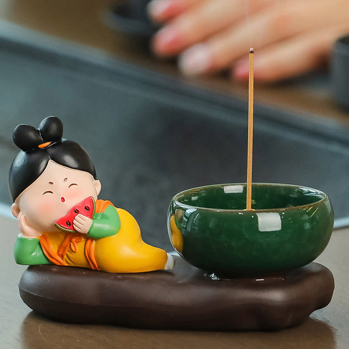 Buddha Stones Tang Dynasty Lady Food Healing Ceramic Incense Burner Desk Decoration - Tang Dynasty Lady Watermelon 9*12.5*5.5cm - image 13