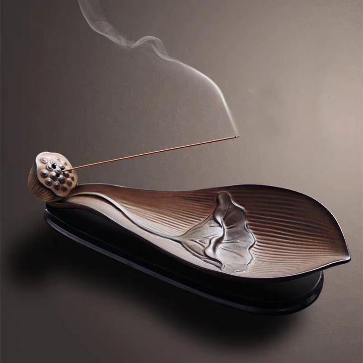Buddha Stones Lotus Pod Zen Healing Brown Ceramic Stick Incense Burner Decoration - 24*9.4*4cm - image 0