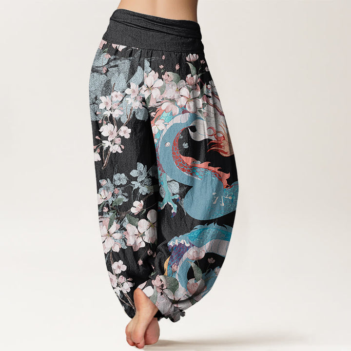 Buddha Stones Casual Dragon Cherry Blossoms Women's Elastic Waist Harem Pants - image 1