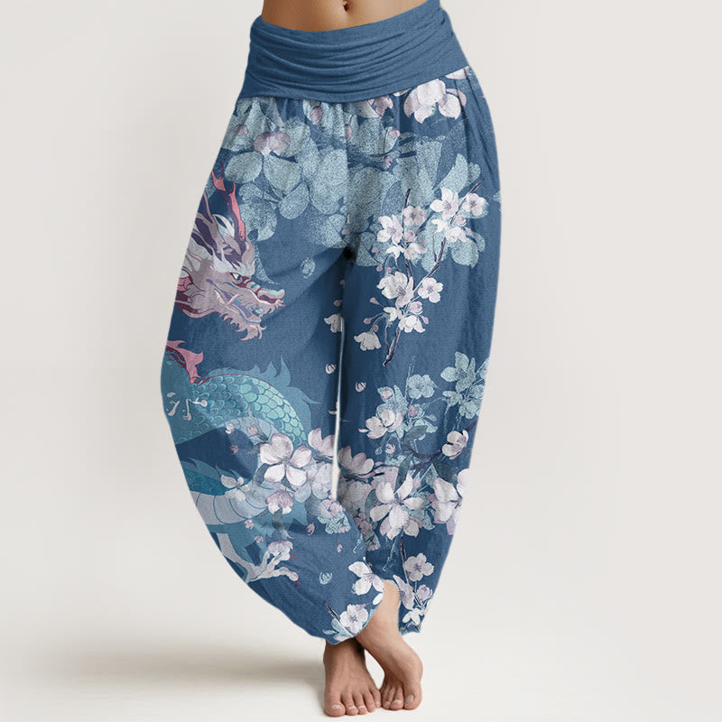 Buddha Stones Cotton Casual Dragon Cherry Blossoms Women's Elastic Waist Harem Pants - SteelBlue - US22，UK/AU26，EU54 (6XL) - image 4