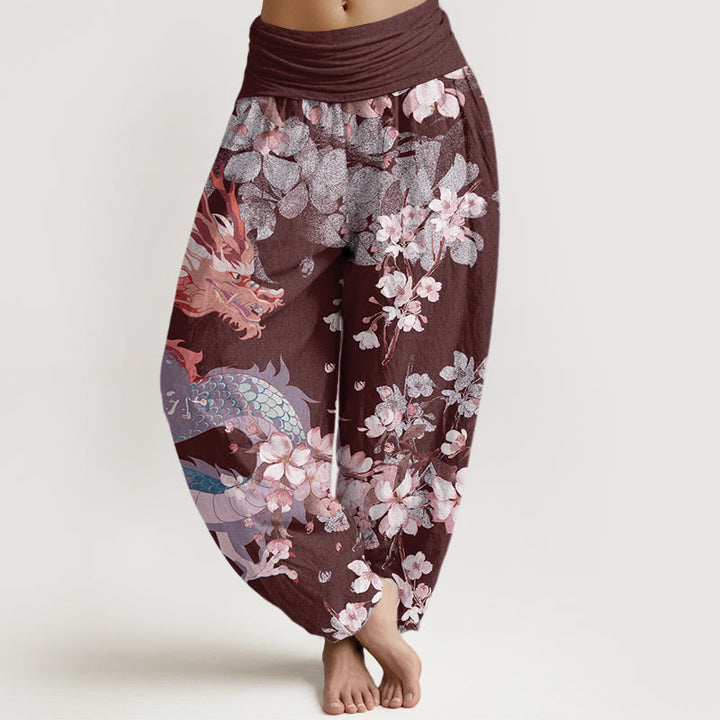 Buddha Stones Casual Dragon Cherry Blossoms Women's Elastic Waist Harem Pants - Maroon - US22，UK/AU26，EU54 (6XL) - image 7