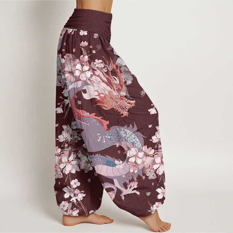 Buddha Stones Casual Dragon Cherry Blossoms Women's Elastic Waist Harem Pants - image 9