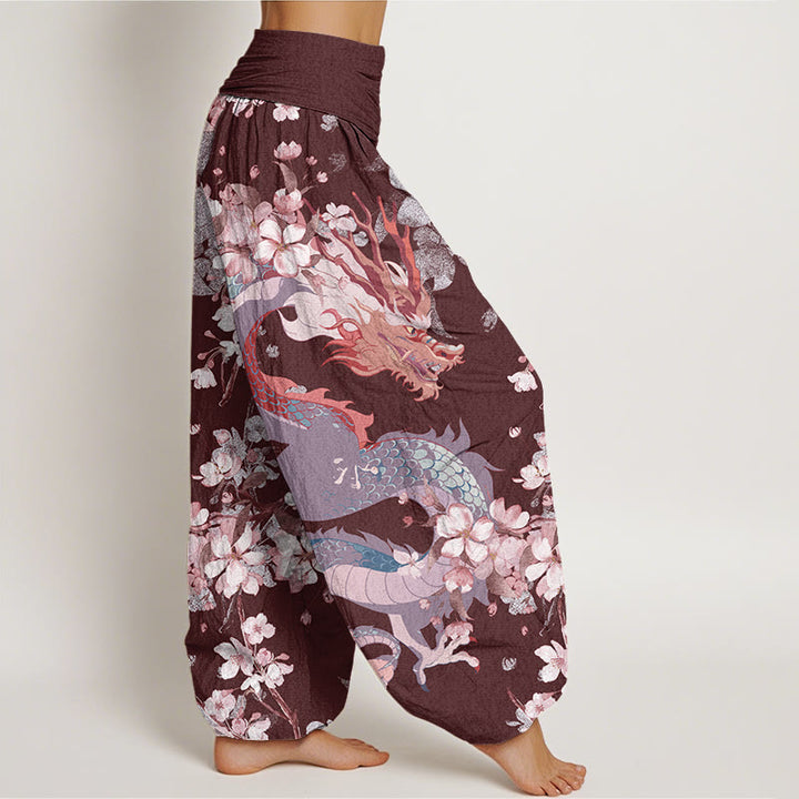 Buddha Stones Casual Dragon Cherry Blossoms Women's Elastic Waist Harem Pants - image 9