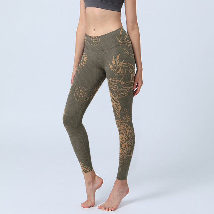 Buddha Stones Peacock Feather Print Gym Leggings Women's Yoga Pants - DarkOliveGreen - US18，UK/AU22，EU50 (4XL) - image 0