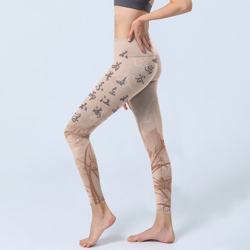Buddha Stones Calligraphy Orchid Print Gym Leggings Women's Yoga Pants - image 2