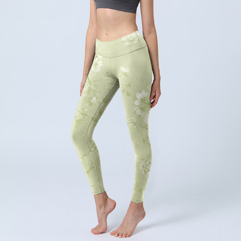 Buddha Stones White Plum Blossoms Print Gym Leggings Women's Yoga Pants - PaleGoldenrod - US18，UK/AU22，EU50 (4XL) - image 0