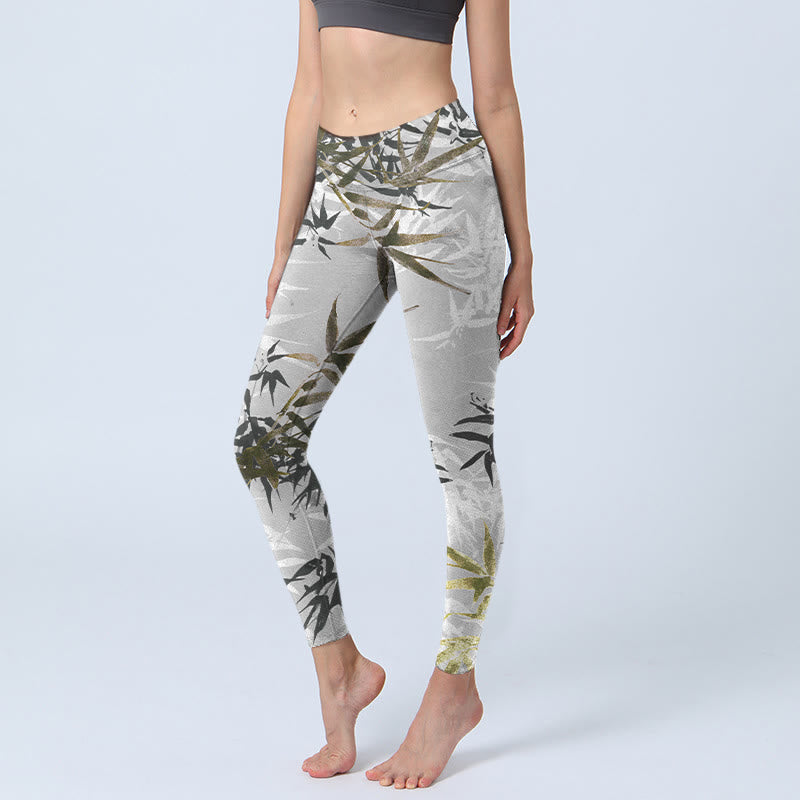 Buddha Stones Dark Gray Bamboo Leaves Print Gym Leggings Women's Yoga Pants - DarkGray - US18，UK/AU22，EU50 (4XL) - image 0
