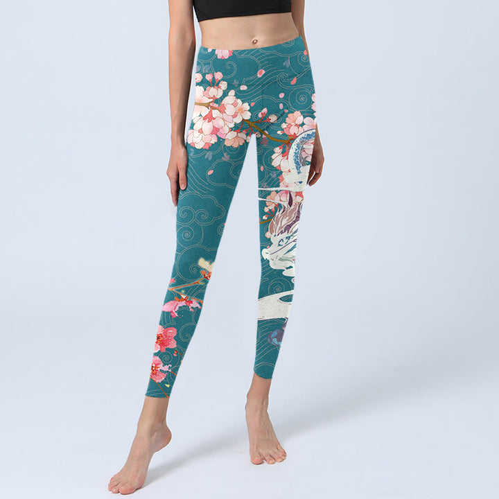 Buddha Stones Dragon Cherry Blossoms Print Gym Leggings Women's Yoga Pants - image 5