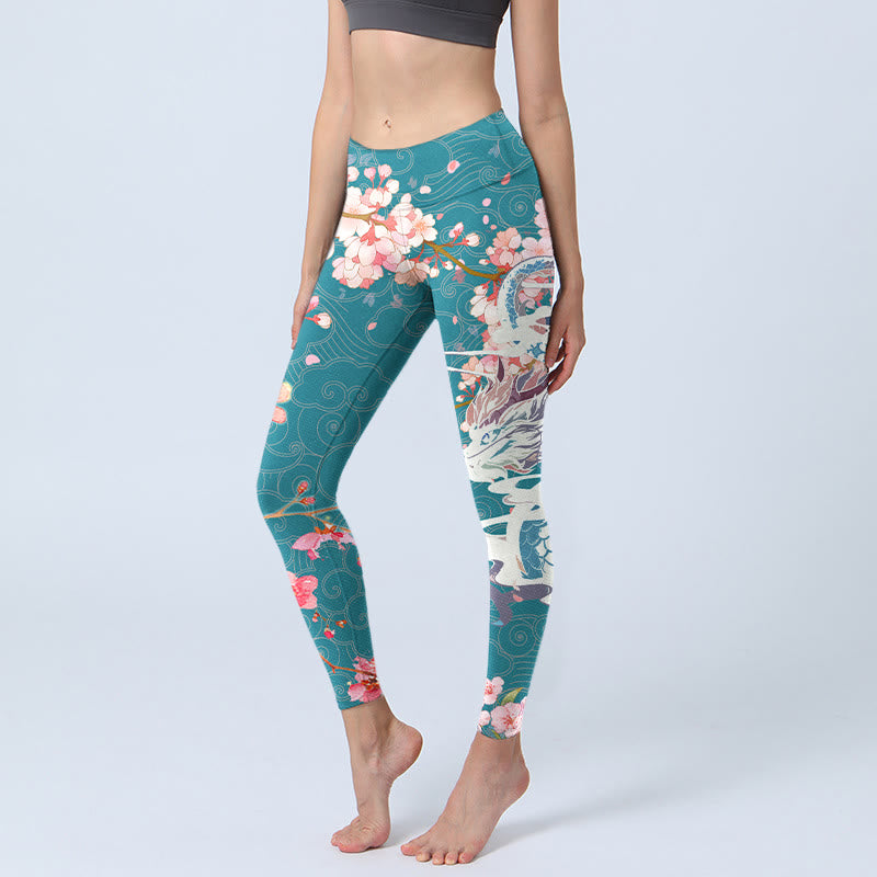 Buddha Stones Dragon Cherry Blossoms Print Gym Leggings Women's Yoga Pants - CadetBlue - US18，UK/AU22，EU50 (4XL) - image 0