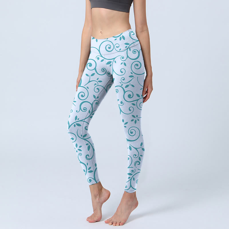 Buddha Stones Blue Vine Leaves Print Gym Leggings Women's Yoga Pants - LightSkyBlue - US18，UK/AU22，EU50 (4XL) - image 0