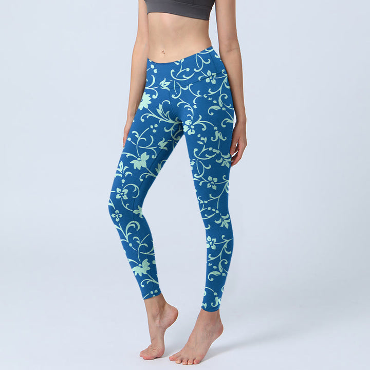 Buddha Stones Vine Plants Flowers Print Gym Leggings Women's Yoga Pants - SteelBlue - US18，UK/AU22，EU50 (4XL) - image 0