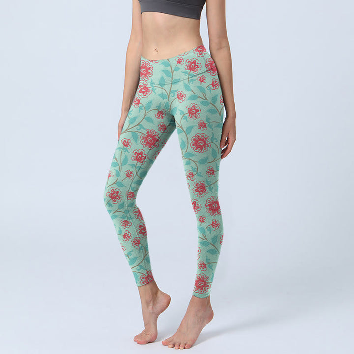 Buddha Stones Vine Leaves Blossom Print Gym Leggings Women's Yoga Pants - MediumAquamarine - US18，UK/AU22，EU50 (4XL) - image 0