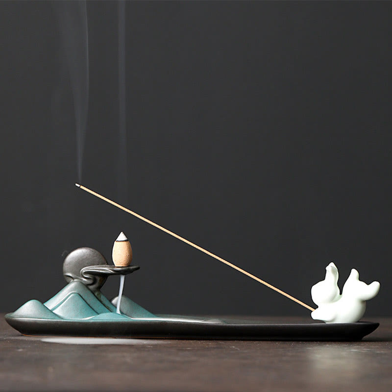 Buddha Stones Moon Rabbit PiXiu Mountain Healing Ceramic Stick Incense Burner Decoration - Moon Rabbit 26.2*4.8*5.8cm - image 0