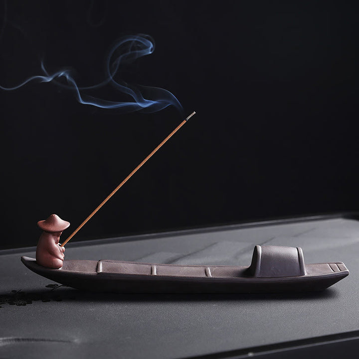 Buddha Stones Fisherman Boat Purple Clay Peace Healing Ceramic Stick Incense Burner Decoration - 24.4*4*5.4cm - image 0
