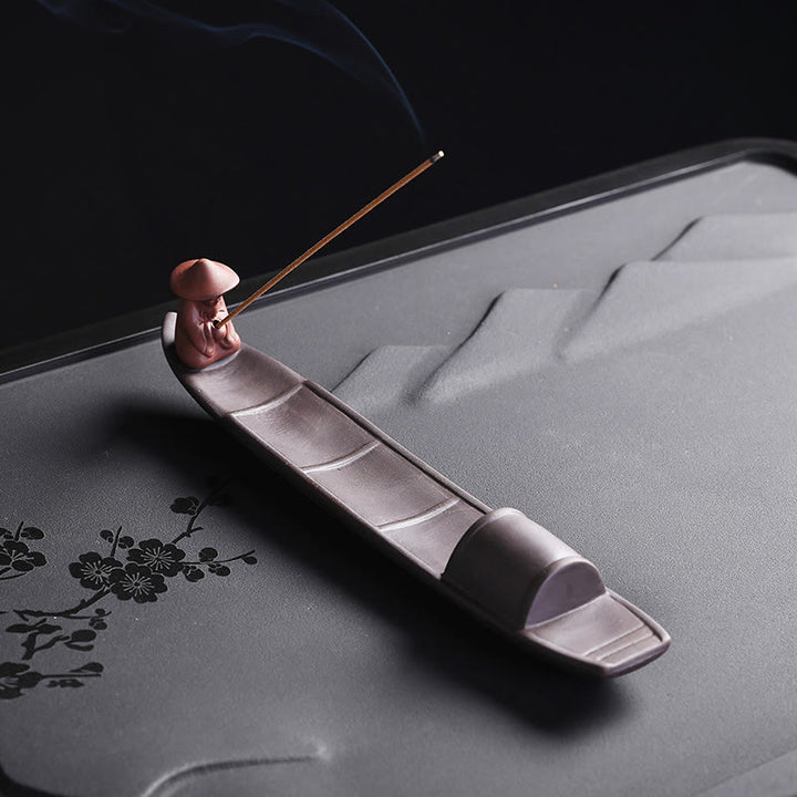 Buddha Stones Fisherman Boat Purple Clay Peace Healing Ceramic Stick Incense Burner Decoration - image 2