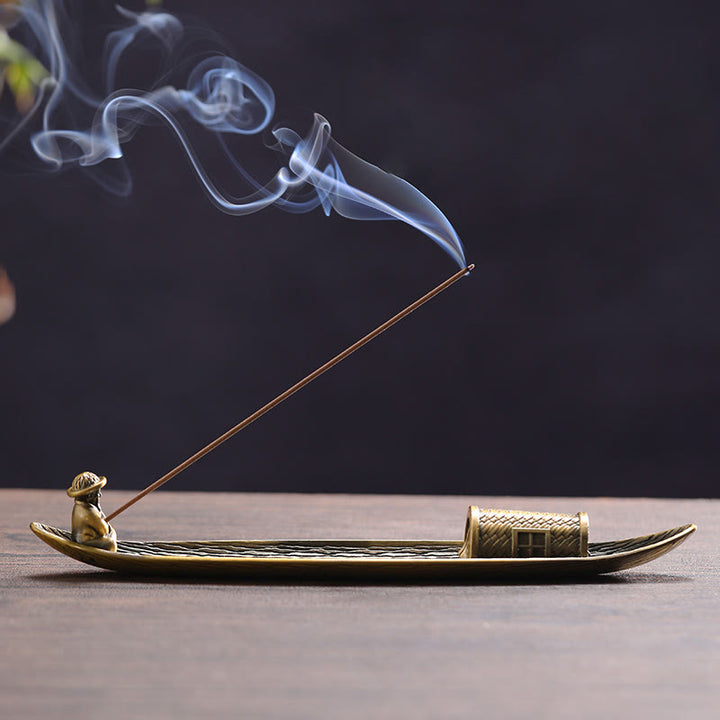 Buddha Stones Fisherman Boat Alloy Incense Stick Holder Healing Incense Burner Decoration - 22.5*4.2*3.5cm - image 0